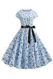 Azul claro impresso cap mangas 1950s vestido