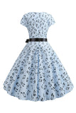 Azul claro impresso cap mangas 1950s vestido