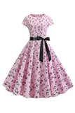 Azul claro impresso cap mangas 1950s vestido