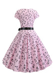 Azul claro impresso cap mangas 1950s vestido
