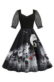 Preto A Line Halloween Vestido Vintage Impresso