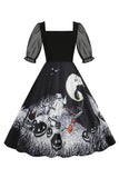 Preto A Line Halloween Vestido Vintage Impresso