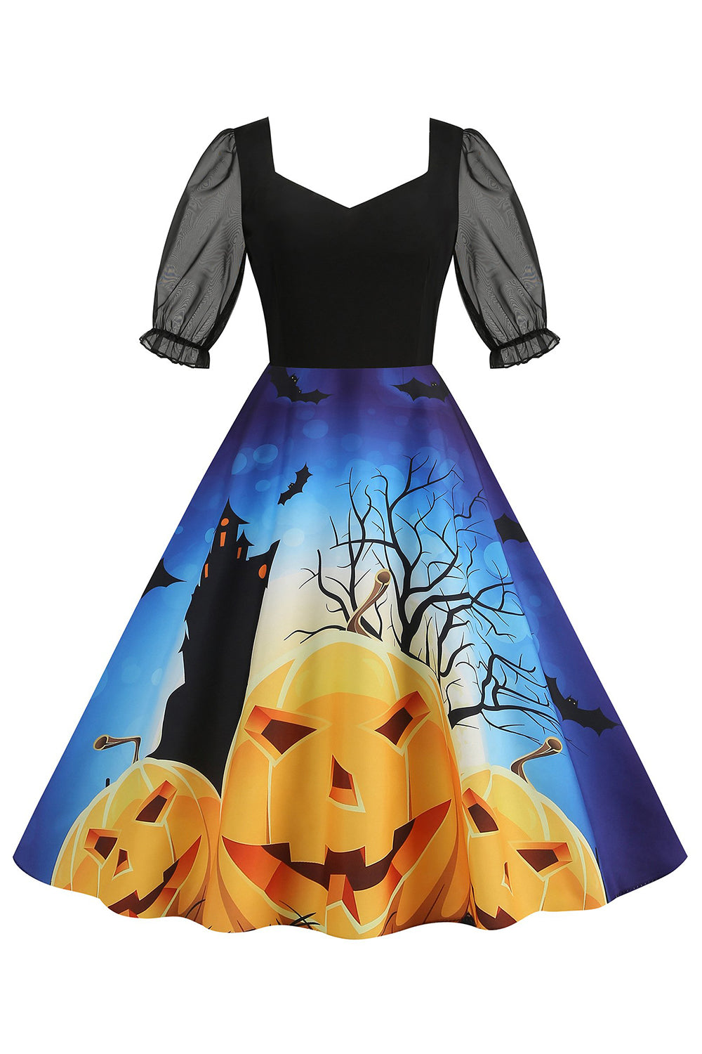 Preto A Line Halloween Vestido Vintage Impresso