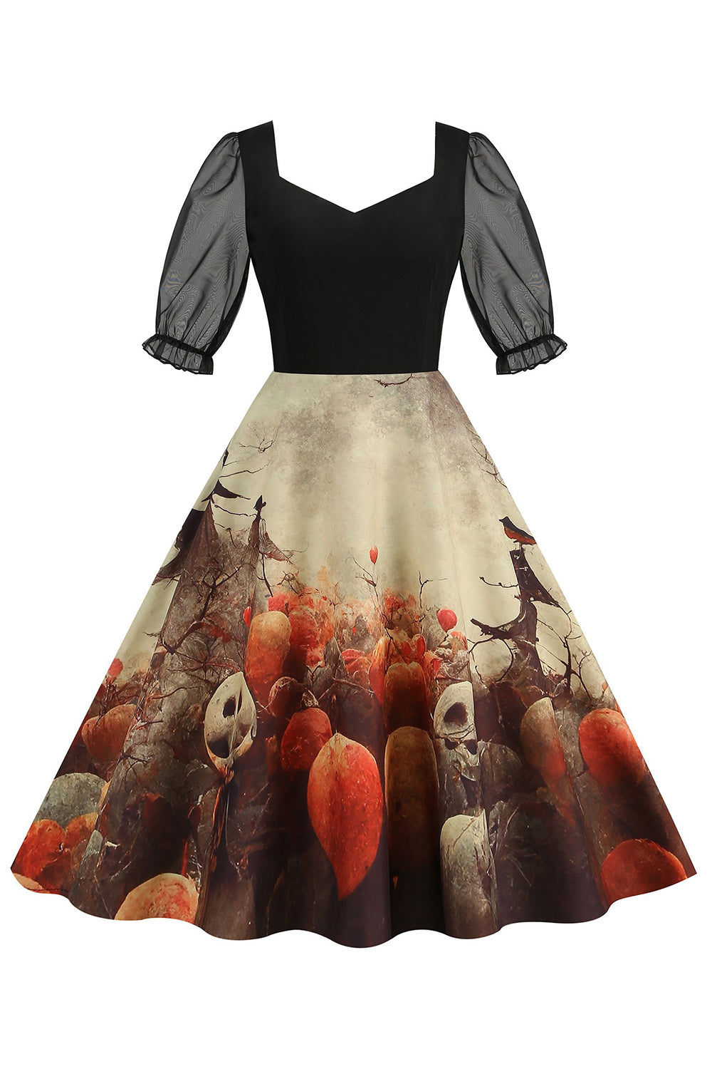 Preto A Line Halloween Vestido Vintage Impresso