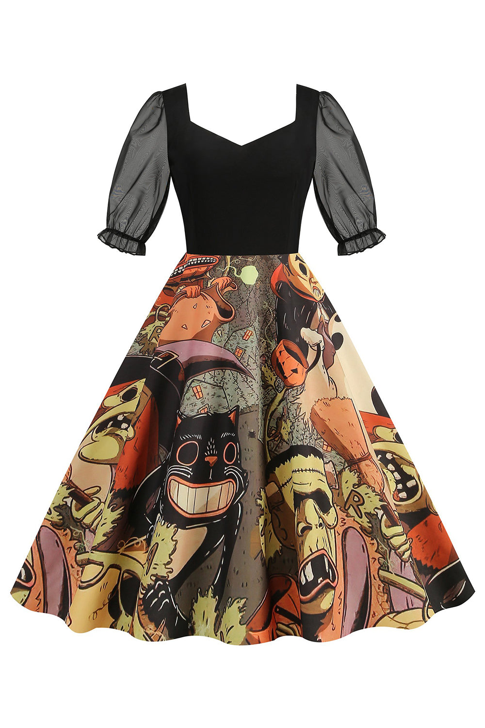 Preto A Line Halloween Vestido Vintage Impresso