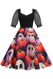 Preto A Line Halloween Vestido Vintage Impresso