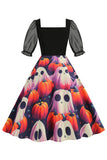 Preto A Line Halloween Vestido Vintage Impresso