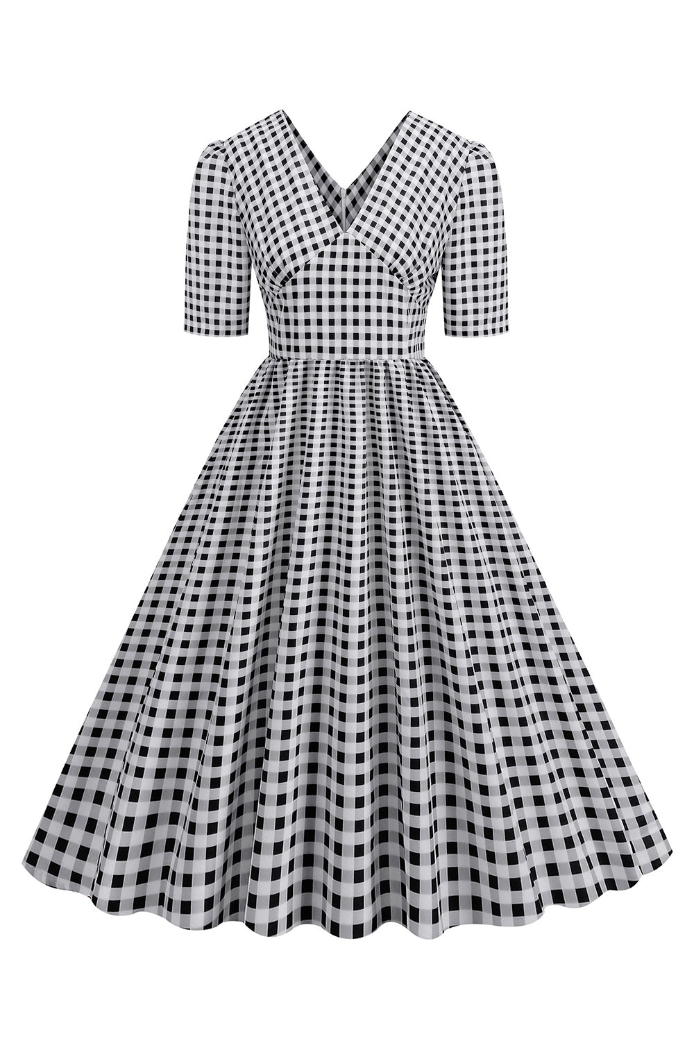 Preto xadrez V-Neck mangas curtas vestido dos anos 1950