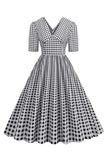 Preto xadrez V-Neck mangas curtas vestido dos anos 1950
