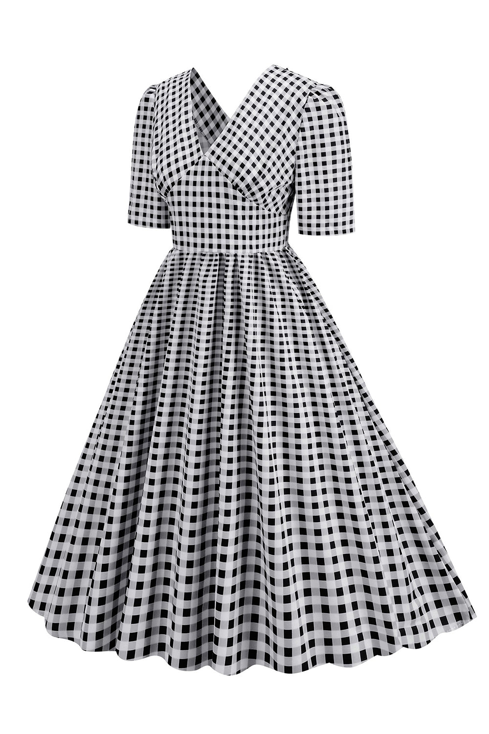 Preto xadrez V-Neck mangas curtas vestido dos anos 1950