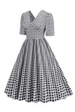 Preto xadrez V-Neck mangas curtas vestido dos anos 1950