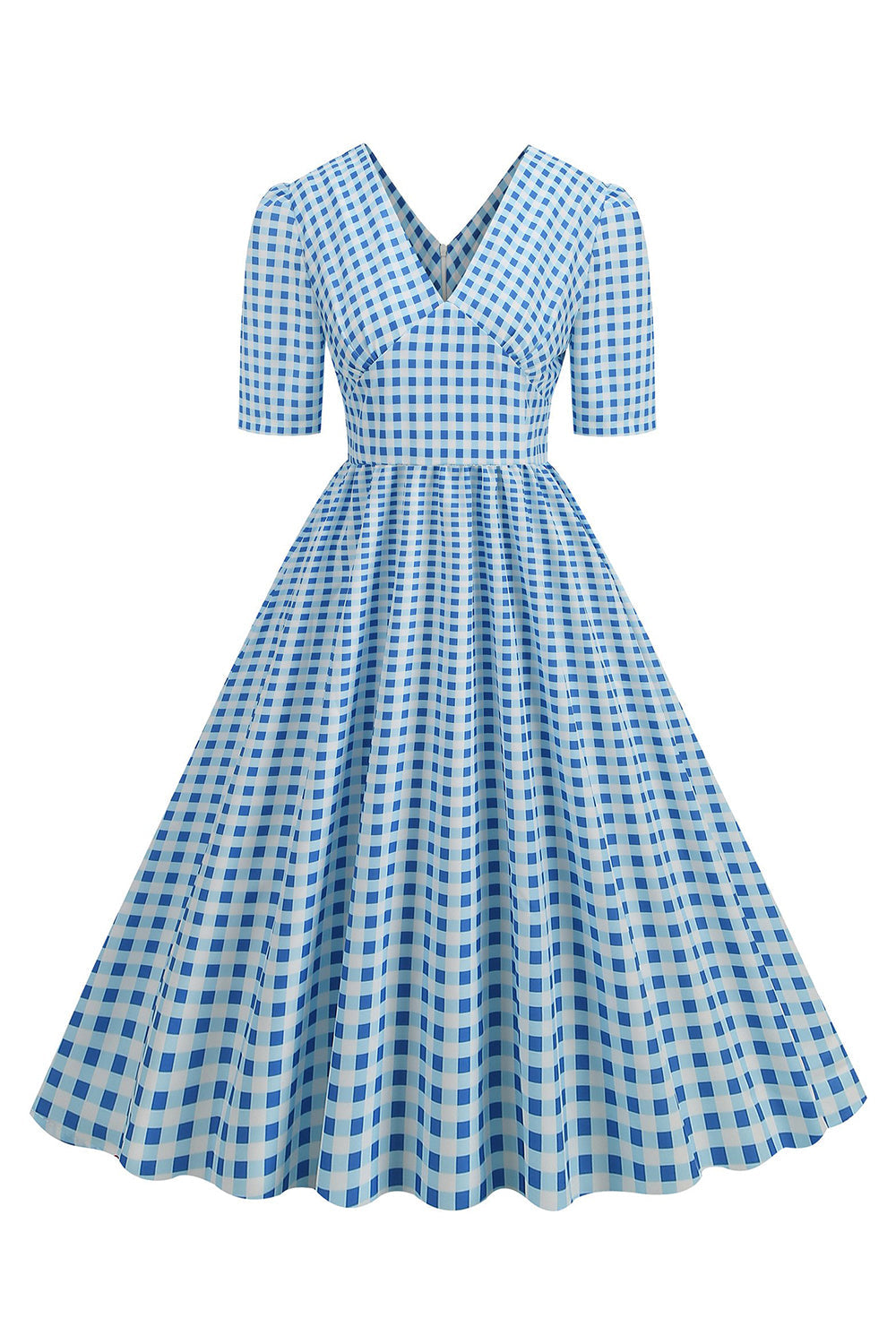 Preto xadrez V-Neck mangas curtas vestido dos anos 1950