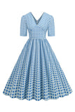 Preto xadrez V-Neck mangas curtas vestido dos anos 1950