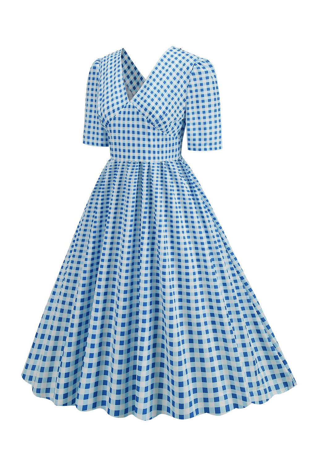 Preto xadrez V-Neck mangas curtas vestido dos anos 1950