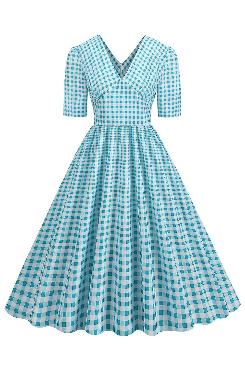 Preto xadrez V-Neck mangas curtas vestido dos anos 1950