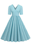 Preto xadrez V-Neck mangas curtas vestido dos anos 1950