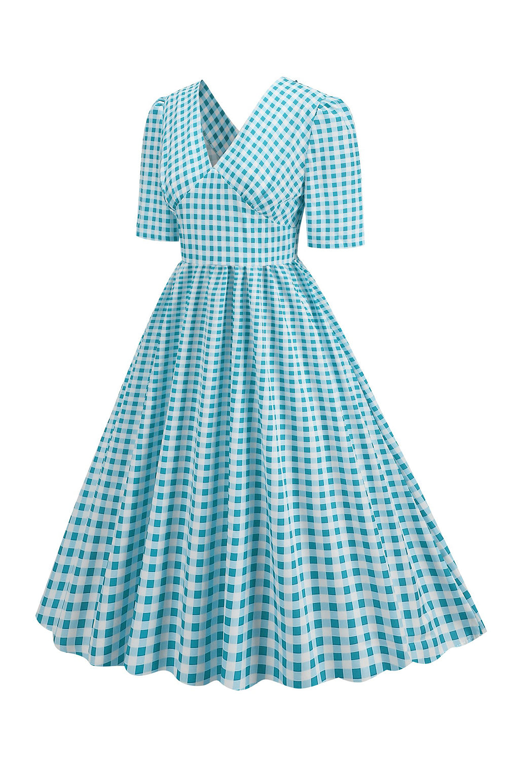Preto xadrez V-Neck mangas curtas vestido dos anos 1950