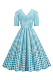 Preto xadrez V-Neck mangas curtas vestido dos anos 1950