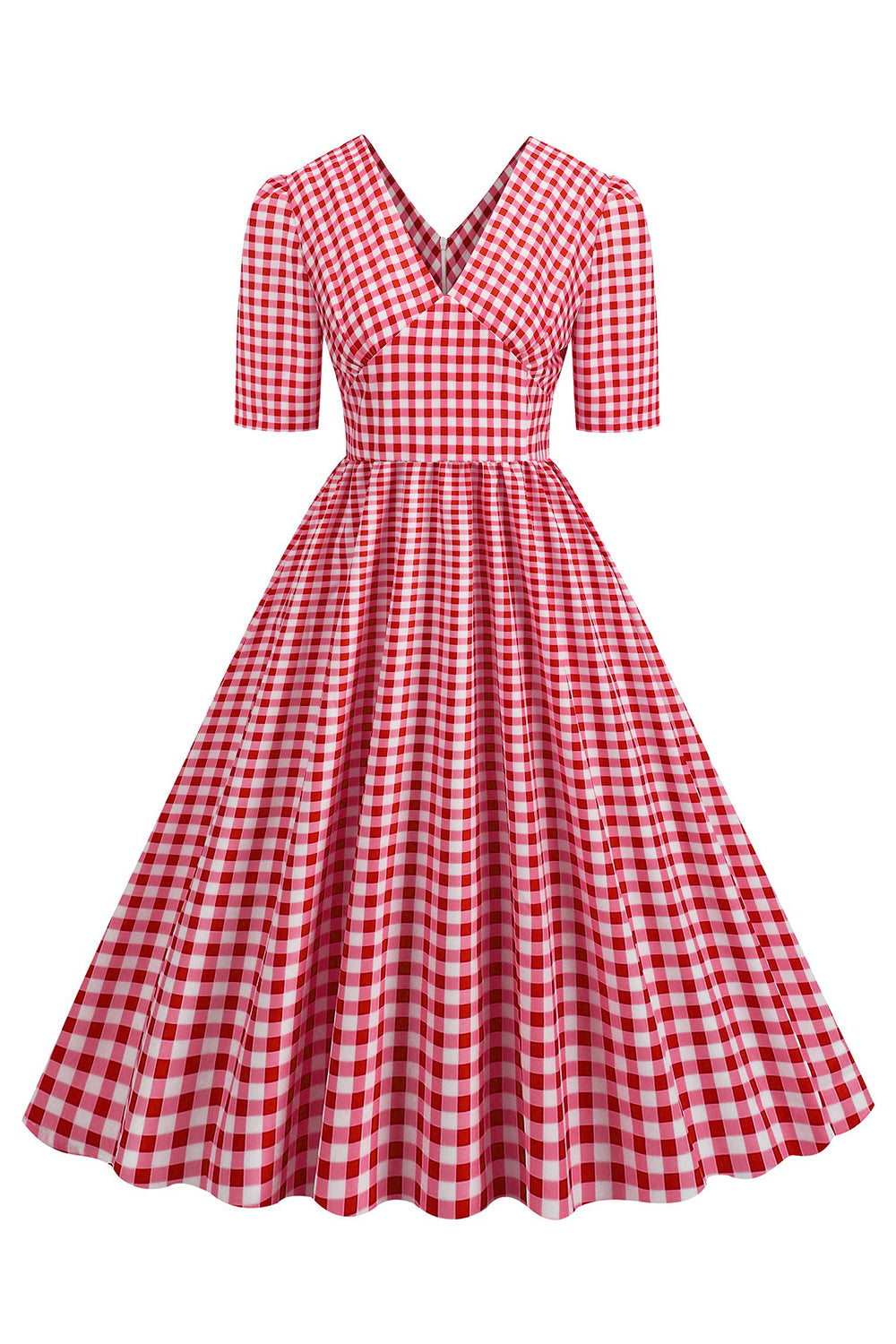 Preto xadrez V-Neck mangas curtas vestido dos anos 1950