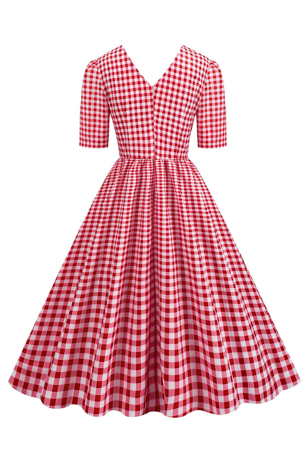 Preto xadrez V-Neck mangas curtas vestido dos anos 1950