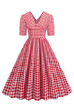 Preto xadrez V-Neck mangas curtas vestido dos anos 1950