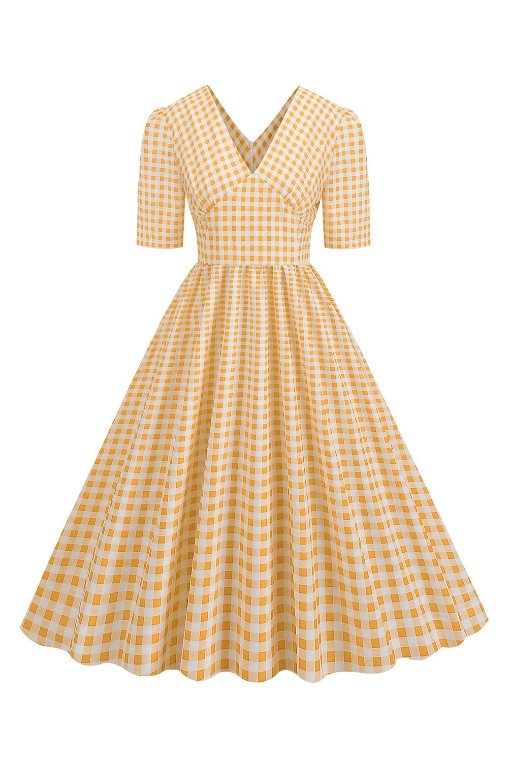 Preto xadrez V-Neck mangas curtas vestido dos anos 1950