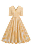 Preto xadrez V-Neck mangas curtas vestido dos anos 1950