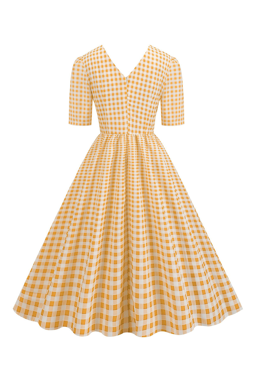 Preto xadrez V-Neck mangas curtas vestido dos anos 1950