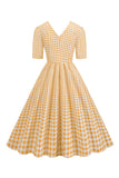 Preto xadrez V-Neck mangas curtas vestido dos anos 1950