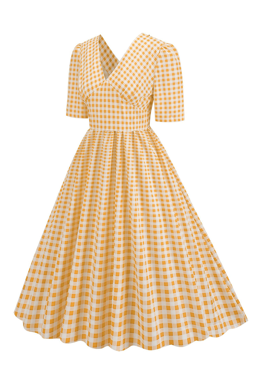 Preto xadrez V-Neck mangas curtas vestido dos anos 1950