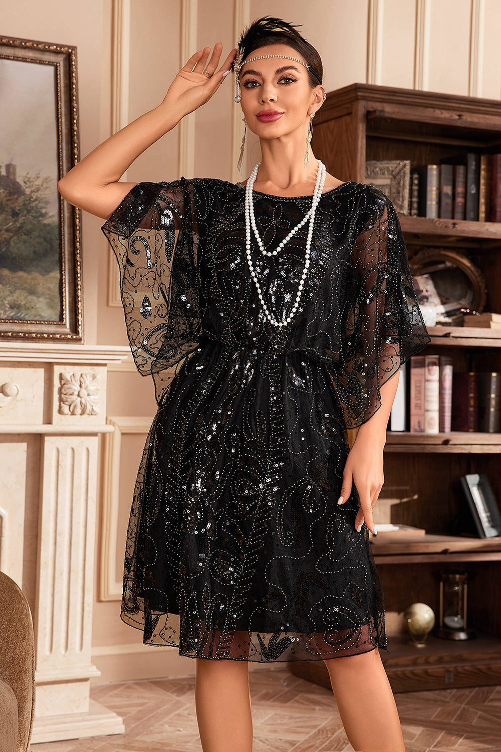Batwing Mangas Preto Sequins 1920s Vestido