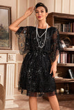 Batwing Mangas Preto Sequins 1920s Vestido