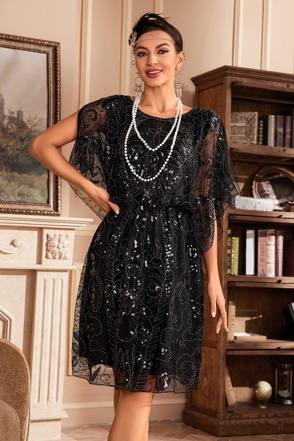 Batwing Mangas Preto Sequins 1920s Vestido