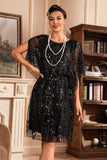 Batwing Mangas Preto Sequins 1920s Vestido