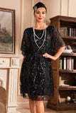 Batwing Mangas Preto Sequins 1920s Vestido