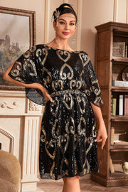 Preto Glitter Sequins 1920s Vestido com mangas Batwing