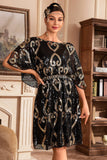 Preto Glitter Sequins 1920s Vestido com mangas Batwing