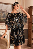 Preto Glitter Sequins 1920s Vestido com mangas Batwing