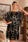 Preto Glitter Sequins 1920s Vestido com mangas Batwing
