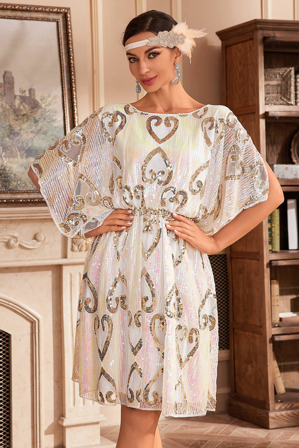 Branco Sparkly Batwing 1920s Vestido com Sequins