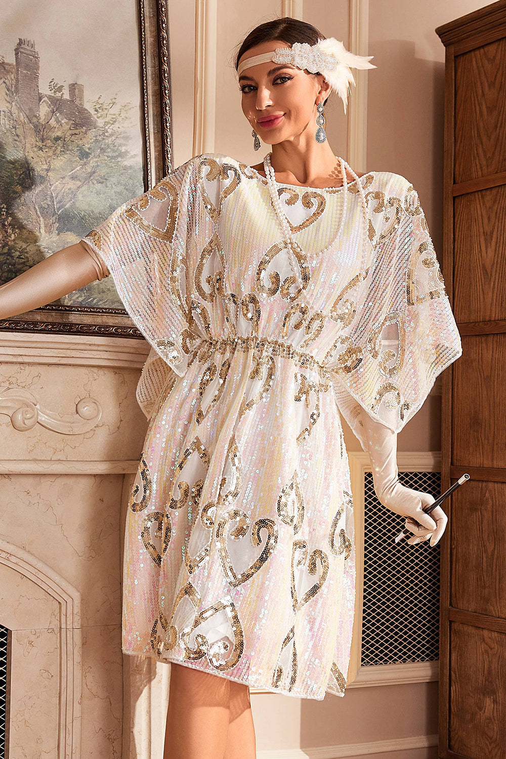 Branco Sparkly Batwing 1920s Vestido com Sequins