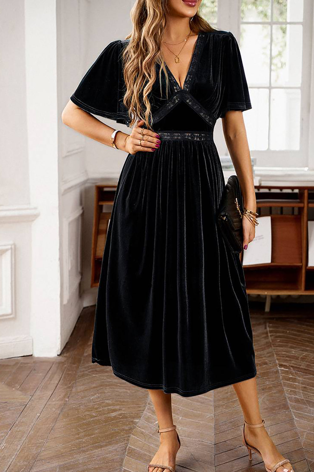 Veludo V-neck Uma linha de vestido de festa de férias