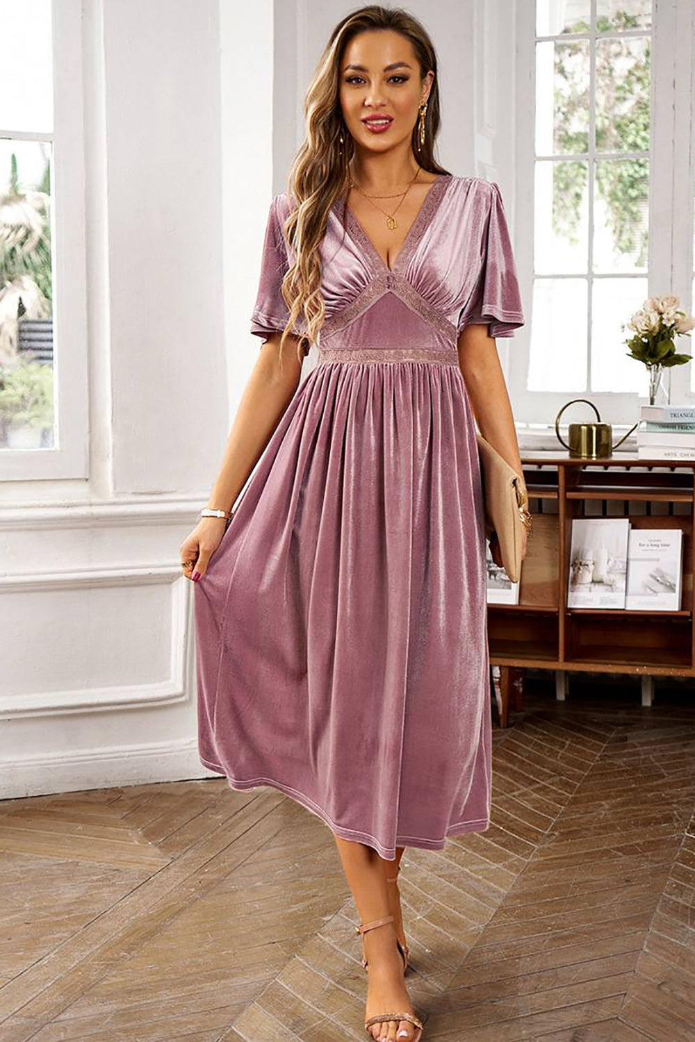 Veludo V-neck Uma linha de vestido de festa de férias