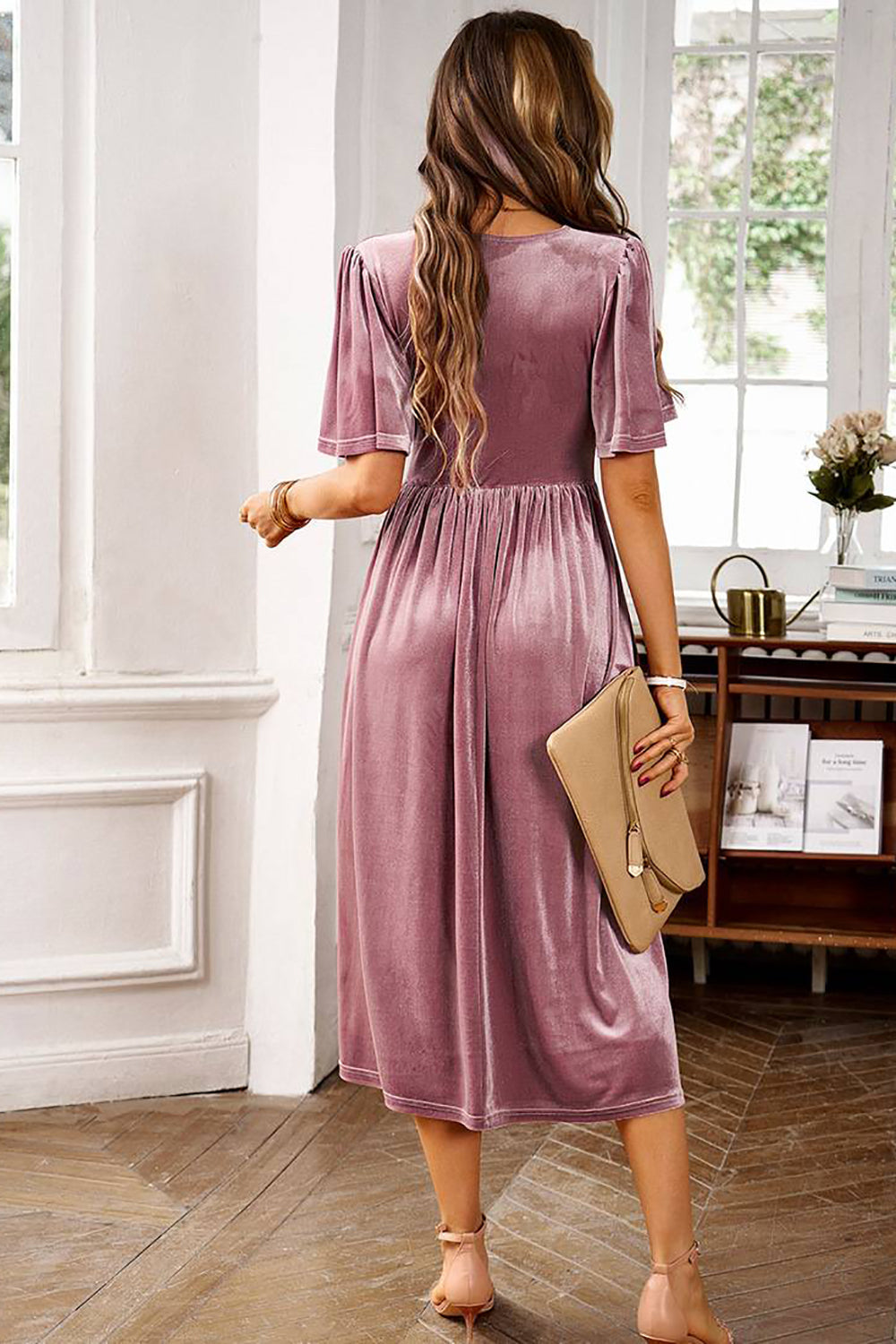 Veludo V-neck Uma linha de vestido de festa de férias