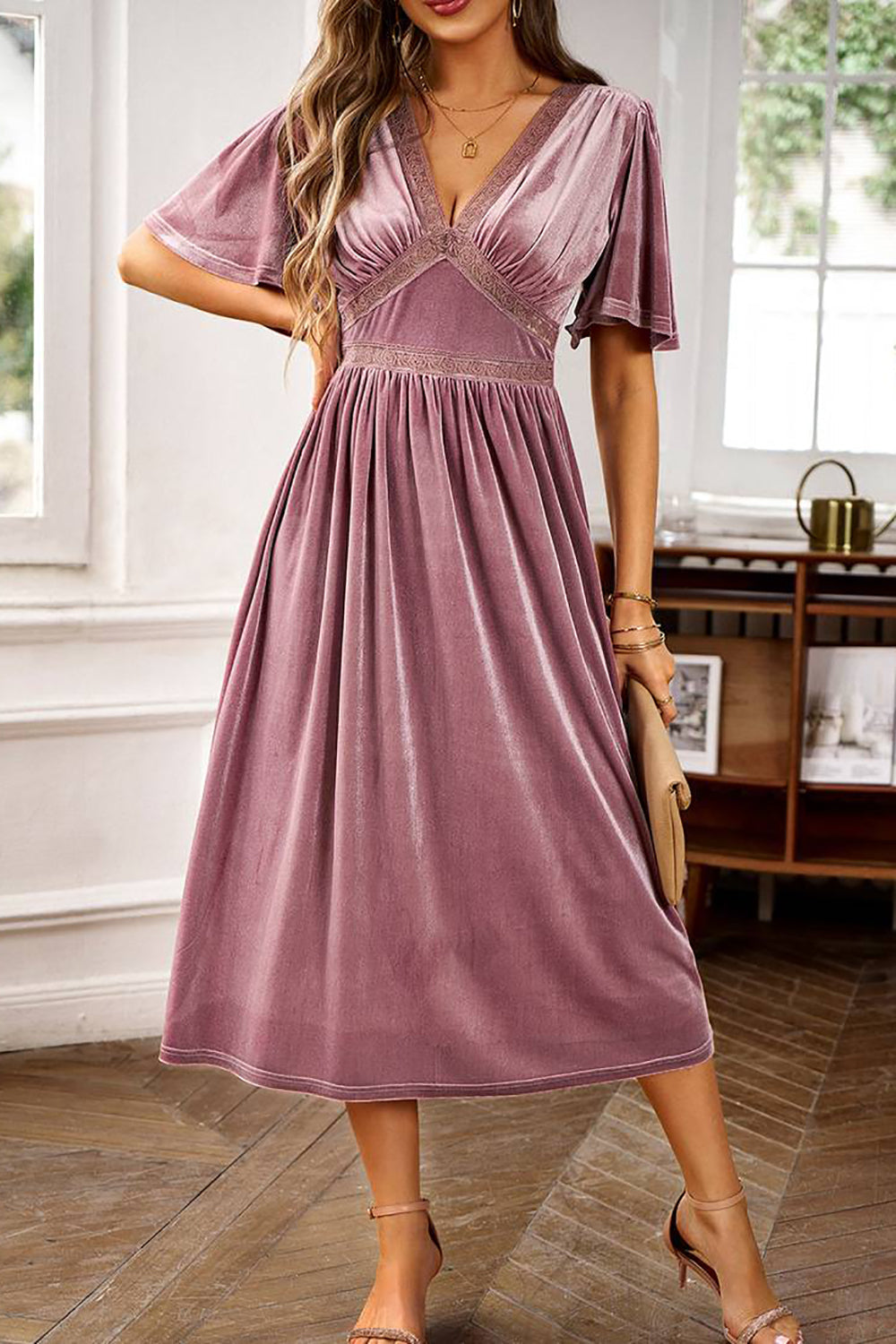 Veludo V-neck Uma linha de vestido de festa de férias