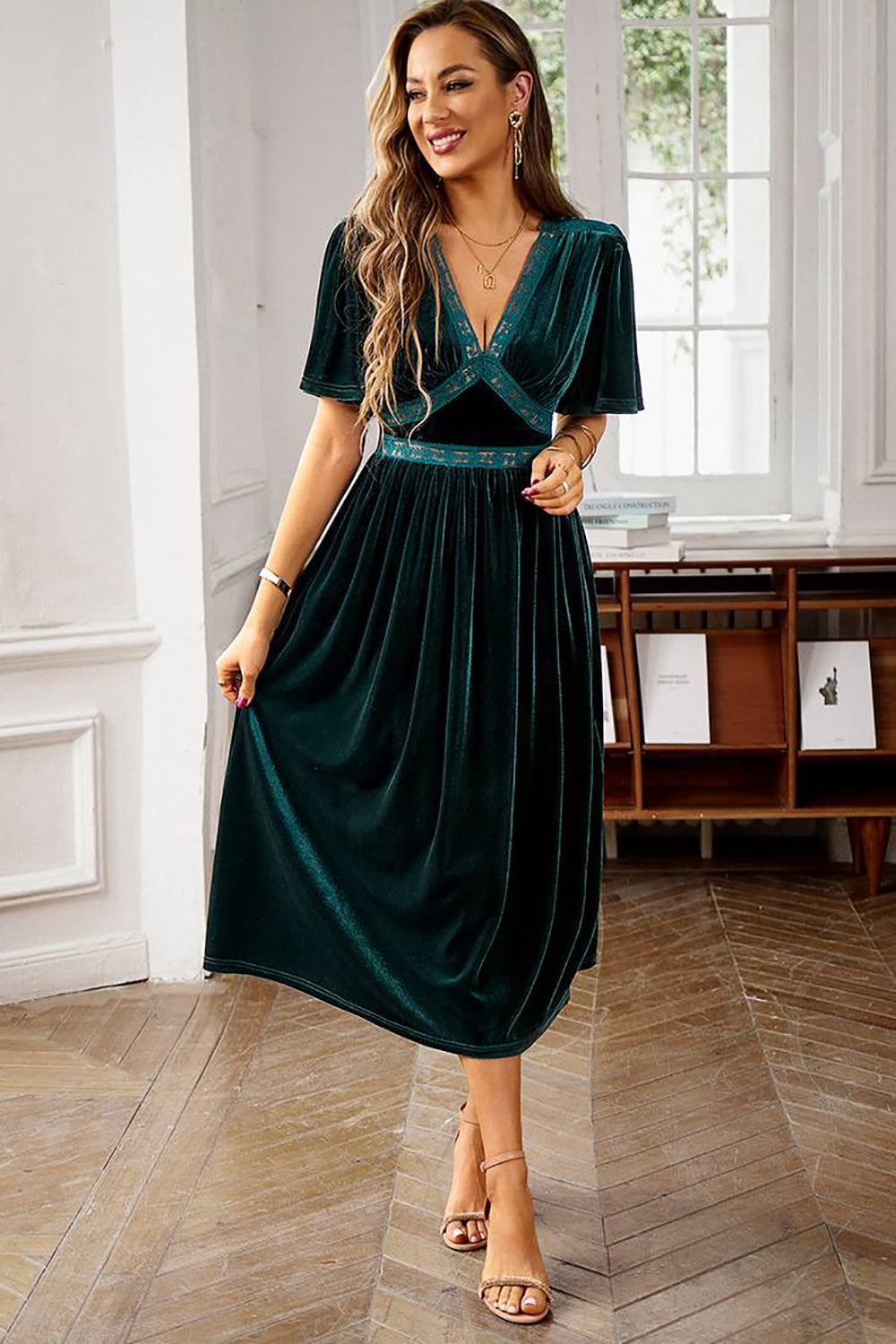 Veludo V-neck Uma linha de vestido de festa de férias