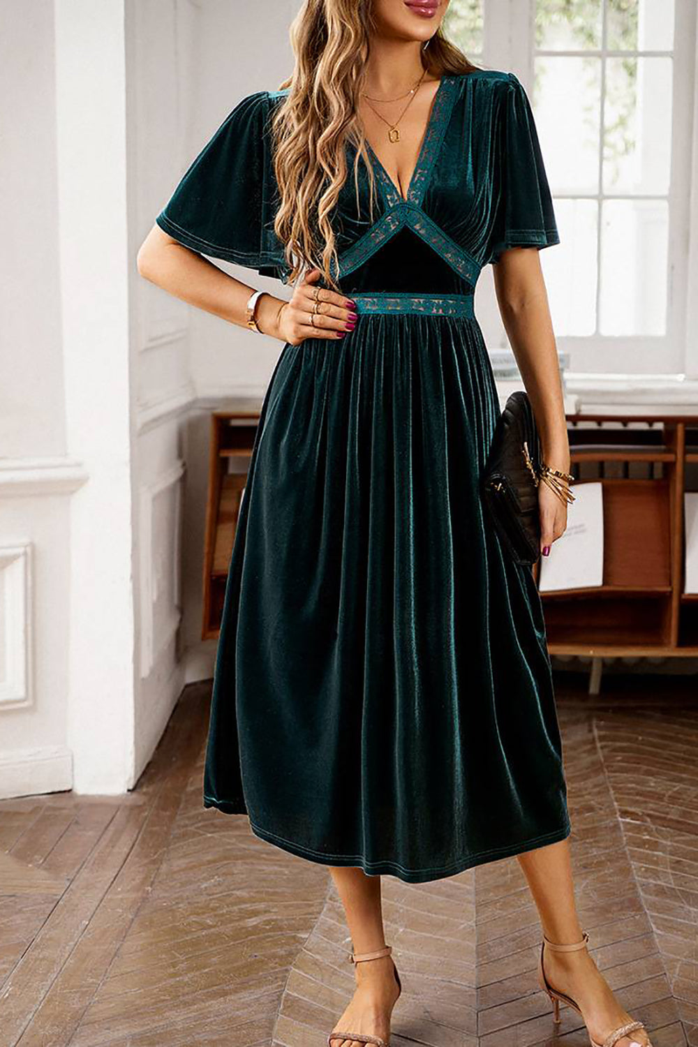 Veludo V-neck Uma linha de vestido de festa de férias