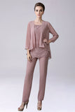 Dusty Rose 3 Peças Chiffon Mãe da Noiva Pant Suits