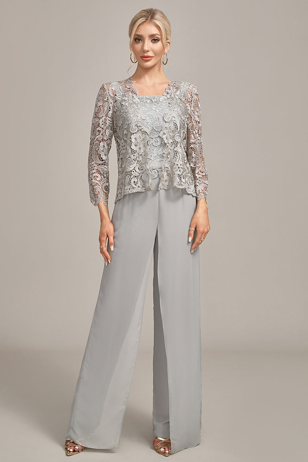 Calça Chiffon Prateada e Top de Renda Mãe da Noiva Wide Pant Suits