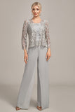 Calça Chiffon Prateada e Top de Renda Mãe da Noiva Wide Pant Suits